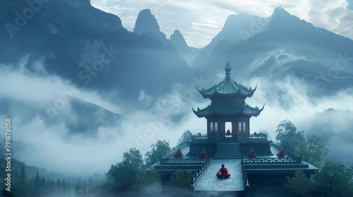 At dawn, monks meditate in a tranquil temple surrounded by mist-shrouded mountains.