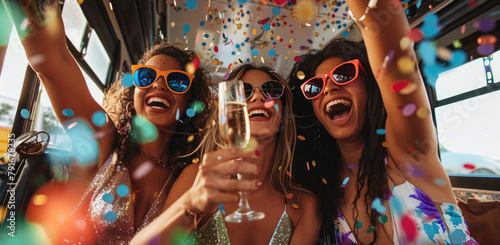 beautiful young women celebrating with champagne and confetti in the back of an open air bus, wearing sunglasses and laughing joyfully at their bachelorette party