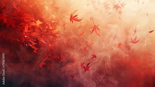 Red leaves flutter amidst a whirlwind of color smoke, creating a dynamic and captivating autumn background for the web design banner, imbued with a sense of mystique and seasonal allure
