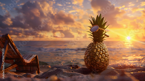 An epic shot of a pineapple wearing a top hat and monocle, posing on a beach chair with a tropical sunset in the background.