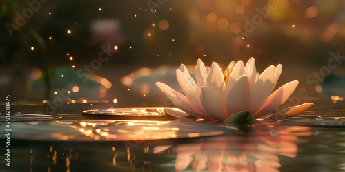 White pure lotus flower with green leaves on still water in sunshine with sparkles and shimmering li