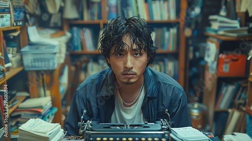 screen shot from korean drama, Romantic Intimate portrait of a writer in their study, surrounded by piles of books and manuscripts, deep in thought with a typewriter in front