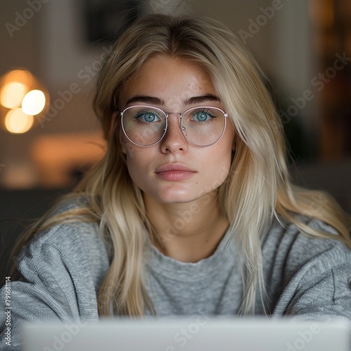 Eine Studentin sitzt vor einem Laptop. Sie hat blonde Haare, eine Brille und trägt ein graues Oberteil 