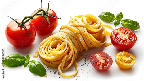 Traditional Italian linguini pasta with tomatoes and basil is isolated on a white background, A set of pasta with tomatoes in different angles, hyperrealistic food photography