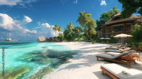 A dreamy 3D beach resort with sun loungers and crystal-clear waters AI generated illustration