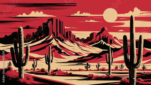 Desert landscape abstract art background. Texas western mountains and cactuses. Stylized Vector illustration of Wild West desert. Design element for banner, flyer, card, sign template.