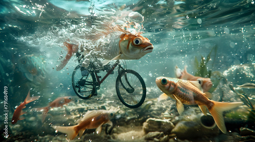 A surreal scene of a fish riding a bicycle underwater, captured with a hidden camera for a whimsical angle.