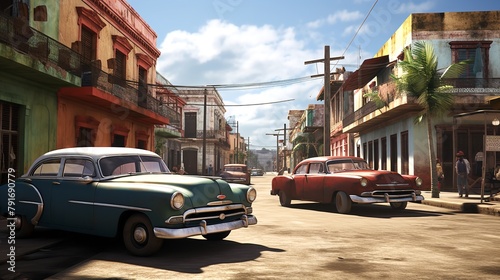 Vintage Cars Parked in an Old-Fashioned Street in Cuba