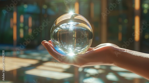 Step into a world of elegance and sophistication with this exquisite image of a transparent glass globe held gently in a hand