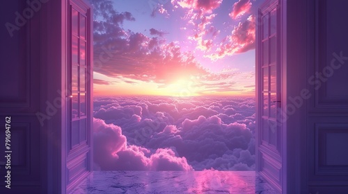 road into the clouds. open door overlooking pink-violet clouds. paradise concept