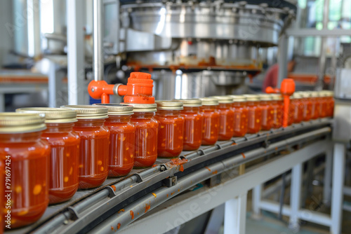 Glass jars with canned tomatoes on the conveyor belt in the factory