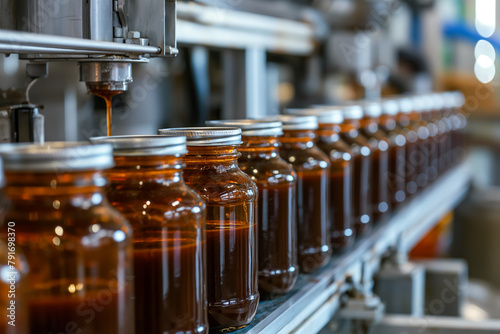 Glass jars with jam on the conveyor belt at the factory.