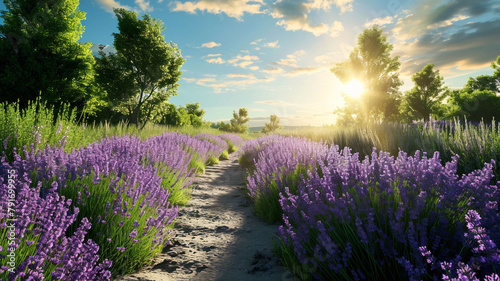 A sunlit pathway surrounded by lavender fields, with each flower releasing a subtle fragrance, creating a modern and visually captivating scene