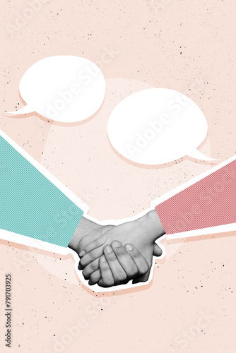 Vertical photo collage of people hand shake greeting gesture agreement success deal text box communication isolated on painted background