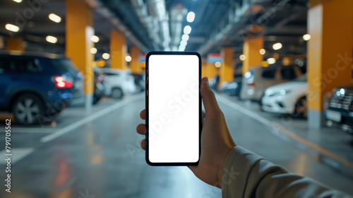 main tenant un smartphone avec écran personnalisable, arrière plan parking de voitures