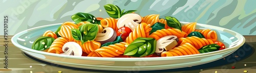 Pasta Perfection A mouthwatering 2D cartoonstyle illustration of a dish of pasta with mushrooms and spinach, beautifully plated and ready to be enjoyed, showcasing the delicious cuisine 8K , high-reso