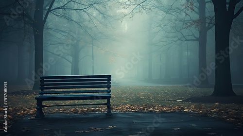 Empty park bench in a foggy setting, symbolizing absence and the quietude of depression.