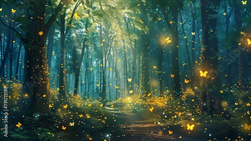 A magical forest with sparkling fireflies AI generated illustration