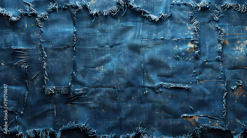 A blue background with frayed edges and a patchwork design. blue denim texture with threads