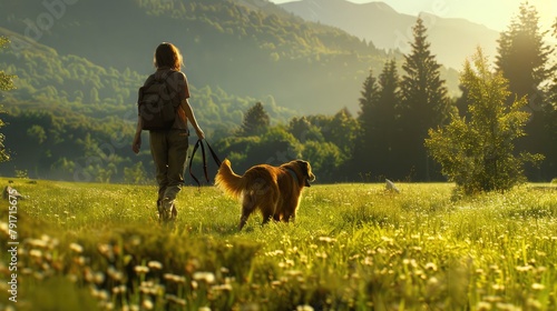 loyal canine companion trotting faithfully alongside its owner through a verdant meadow, their bond a testament to the joy of shared adventures.