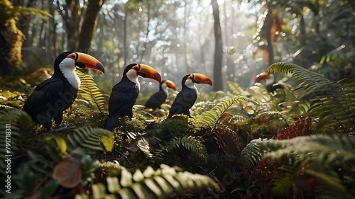 Group of Toucans Perched Among Lush Foliage, Their Brightly Colored Bills Standing Out Against the Greenery