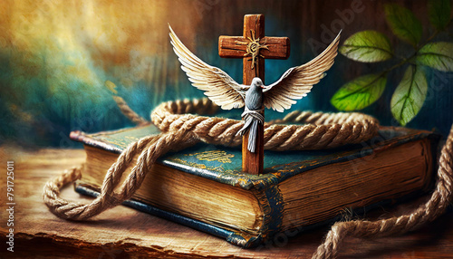 Extreme close-up of a wooden crucifix (religious cross) with a dove and rope above an old Holy Bible, above an old wooden table with copy space. Concept of prayer and Christian religion. Generative Ai