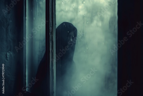 A person is standing in a doorway, shrouded in fog, creating a mysterious and eerie atmosphere