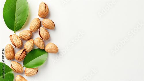 Raw peanuts on white background with green leaf. Healthy snack ona white background.Top view