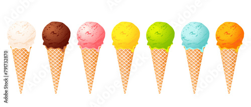 Ice cream set. Waffle cone with different fillings, chocolate, fruit, vanilla ice cream. Delicious summer dessert. Vector illustration.