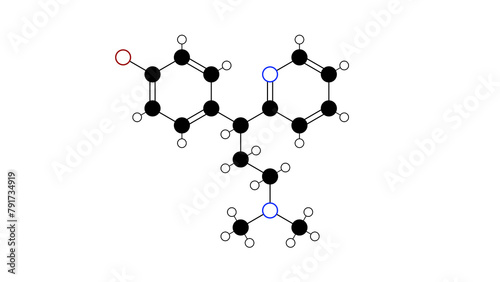 brompheniramine molecule, structural chemical formula, ball-and-stick model, isolated image antihistamine