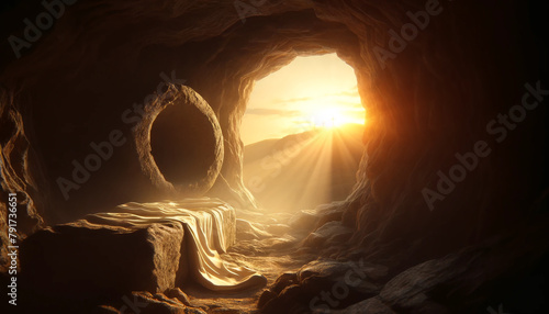 The Resurrection of Jesus. Empty tomb with crucifix at dawn. flare Effects and Bokeh Lights.