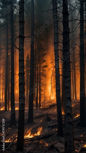 Forest fires: Photo of a forest in flames, area devastated by fire, due to the impact of dry and hot weather. climate change, global warming