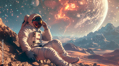 An astronaut in space galaxy, sitting rest on the moon 