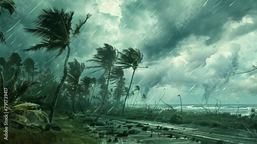 A stormy scene with palm trees and a beach