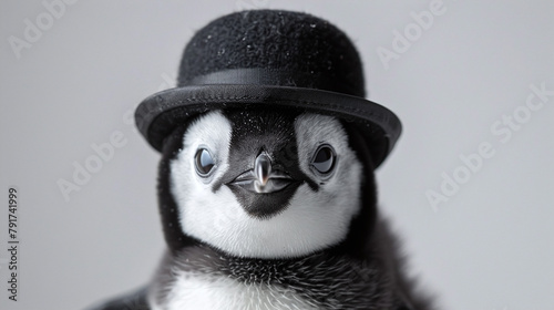 Charming Penguin Wearing Classic Black Bowler Hat Grey Background