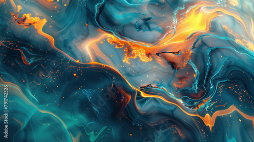 Vibrant Azure and Orange Abstract Fluid Art Reflections