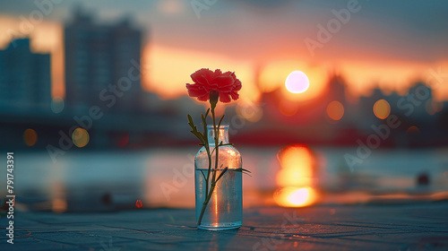 Sunset Glow Red Carnation in Glass Vase Urban Waterfront Bokeh Background