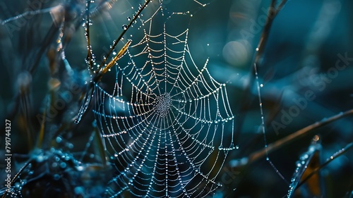 Detailed Photograph Capturing the Intricate Patterns of a Spider's Web, Glistening with Morning Dew 