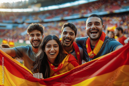 Cuatro amigos españoles sosteniendo una bandera de España animando a su equipo, contentos sonriendo a cámara, con fondo de estadio olimpico deportivo con multitud de gente