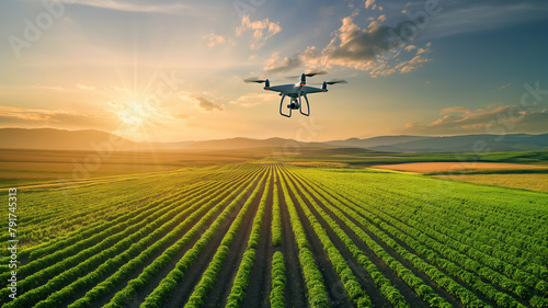 Drone flies over agricultural fields at sunset to analyze