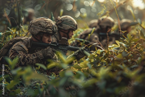 A group of soldiers engaged in reconnaissance activities, hidden and gathering intelligence in the bushes.