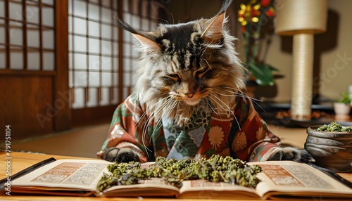 Thoughtful Maine Coon Cat in Traditional Kimono Browsing Book of Catnip Recipes