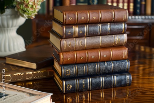 A stack of leather-bound books with gold embossing sits on top of a sturdy wooden table.