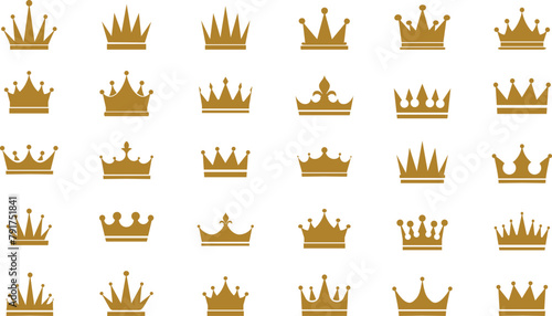 Set of golden crown icons. Gold crown heraldic silhouette icons vector