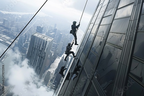 A group of people, known as VetalVit, are seen climbing up the side of a tall building using rappelling techniques.