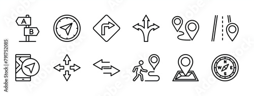 Arrow direction thin line icon set. Containing three way, traffic board, navigation, compass, GPS, signpost, road, map pin, guide, crossroad, pointer, intersection, tracking, journey, junction vector