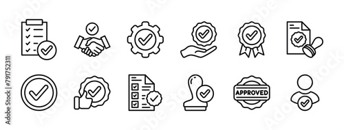 Approved and certified thin line icon set. Containing validation, quality, agreement, badge medal, licence, checkmark, selection, accept, stamp, thumbs up, decision, document, service, permission
