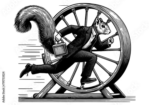 squirrel in business suit running on a wheel, metaphorically representing the corporate rat race sketch engraving generative ai PNG illustration. Scratch board imitation. Black and white image.