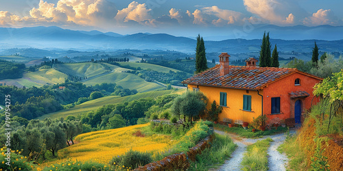 Landscape of the Tuscany Region of Italy, Typical Houses, Fields, Sunset