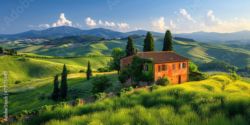 Landscape of the Tuscany Region of Italy, Typical Houses, Fields, Sunset